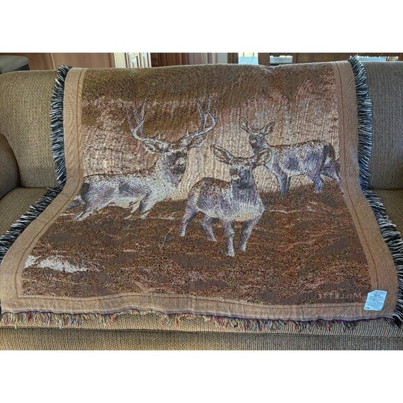 Deer Buck Doe Tapestry Throw Blanket Millette Lodge Cabin Man Cave Home Decor - Picture 2 of 7